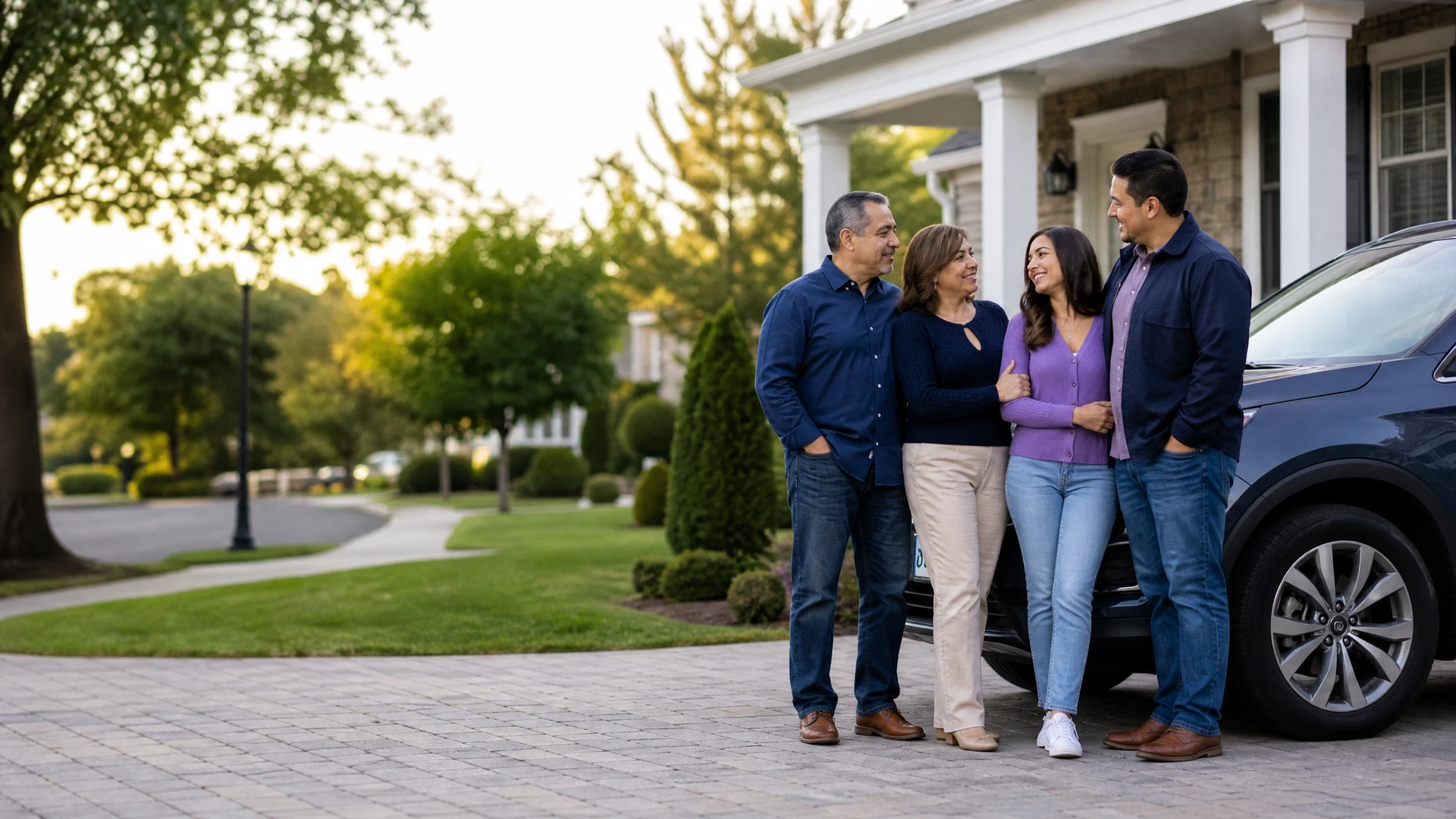 A family outside their home with their vehicle